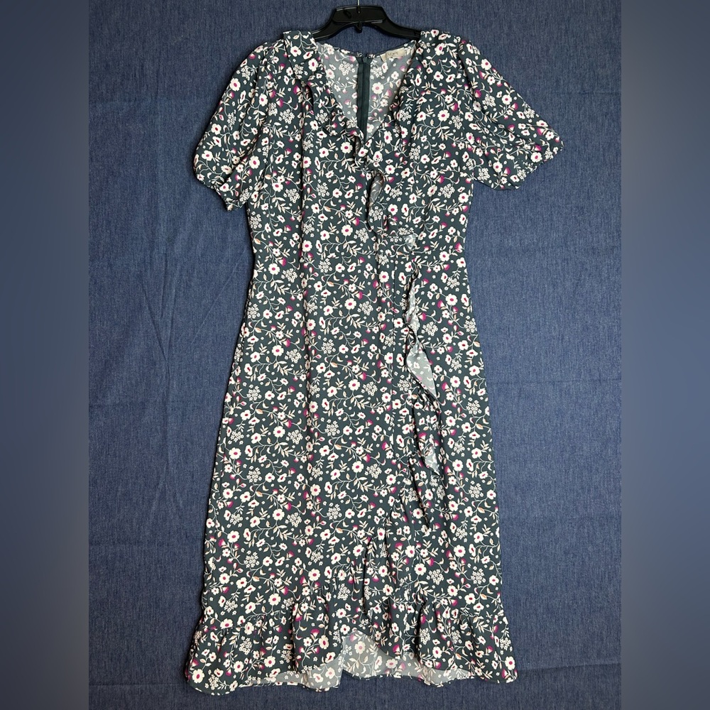 LOFT Dark Green Floral Midi Dress with Pink & White Flowers